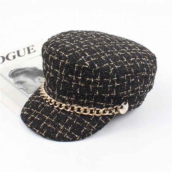 Caps and Hats Black Fancy Plaid Winter Hat Beret With Chain Accent