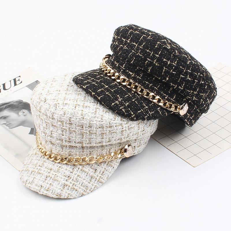 Caps and Hats Fancy Plaid Winter Hat Beret With Chain Accent