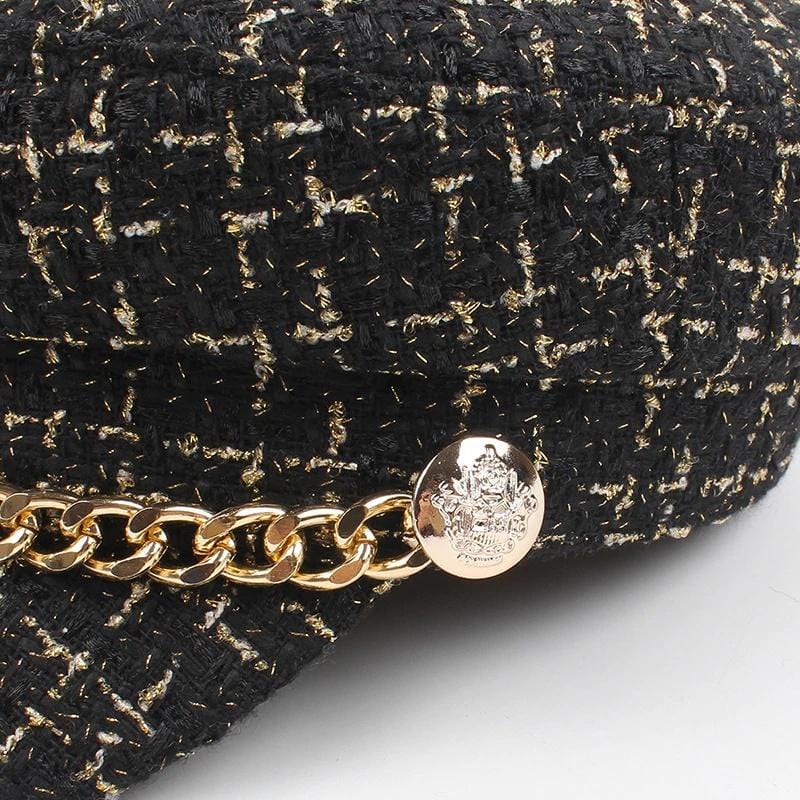 Caps and Hats Fancy Plaid Winter Hat Beret With Chain Accent
