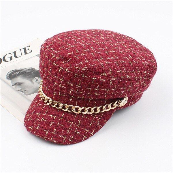 Caps and Hats Red Fancy Plaid Winter Hat Beret With Chain Accent
