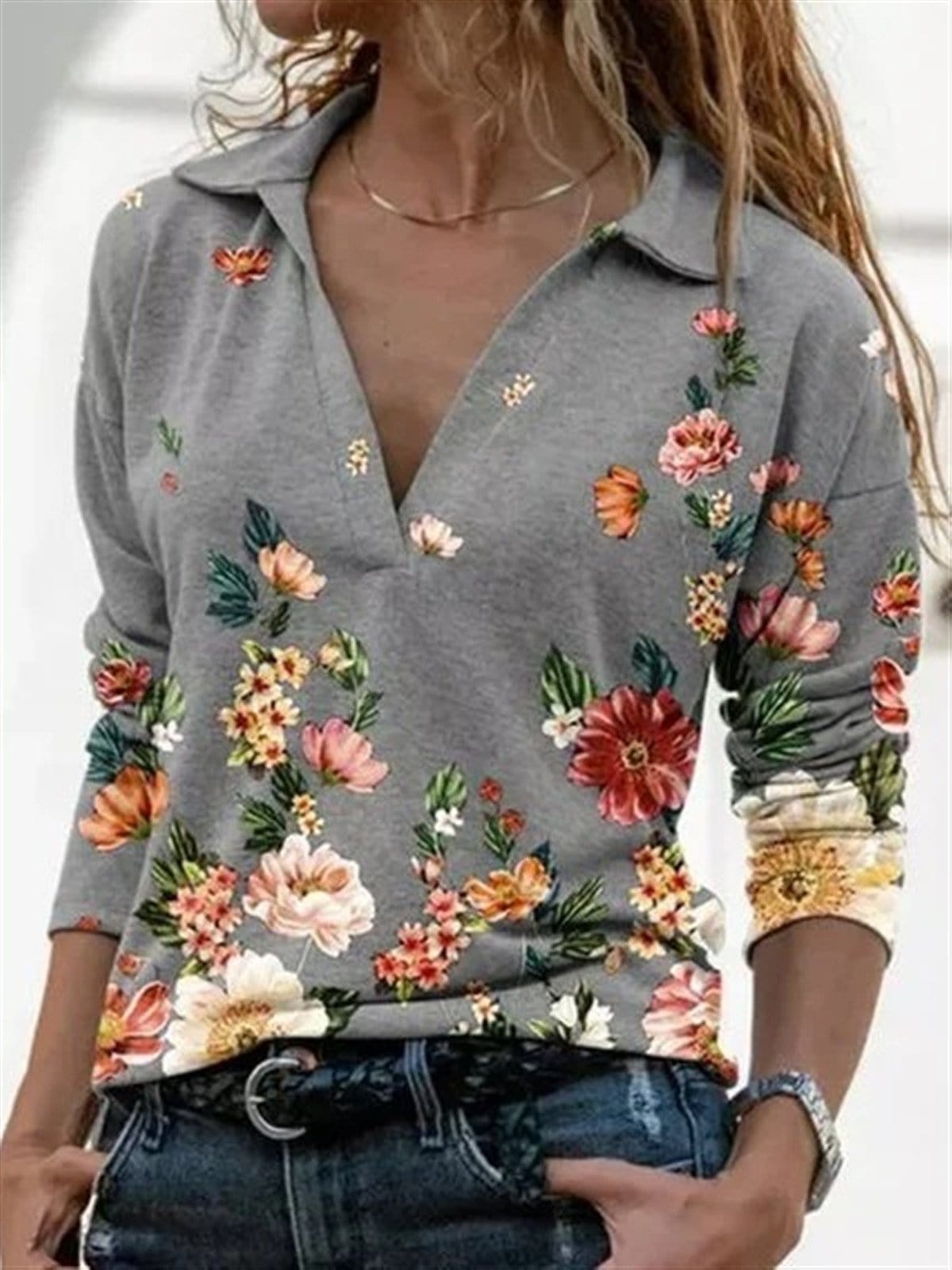 Long Sleeve Tops Gray Cotton Casual Shirts & Tops