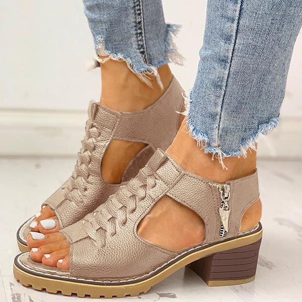 Sandals 3.5 / Khaki Women Peep Toe Zipper Chunky Heeled Sandals
