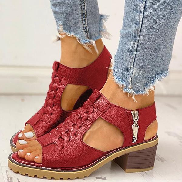 Sandals 3.5 / Red Women Peep Toe Zipper Chunky Heeled Sandals