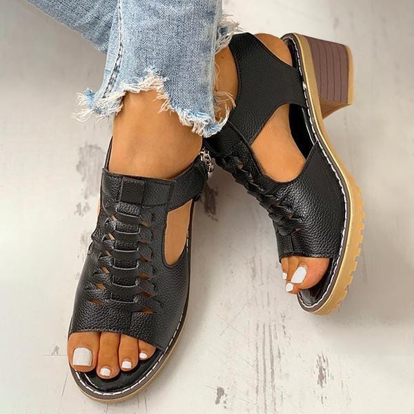 Sandals Women Peep Toe Zipper Chunky Heeled Sandals