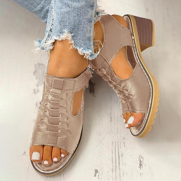 Sandals Women Peep Toe Zipper Chunky Heeled Sandals