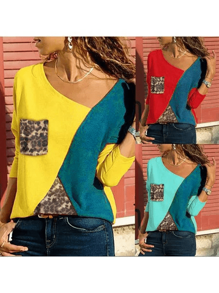 T-shirts Long Sleeve Cotton Leopard Print Asymmetric T-Shirts