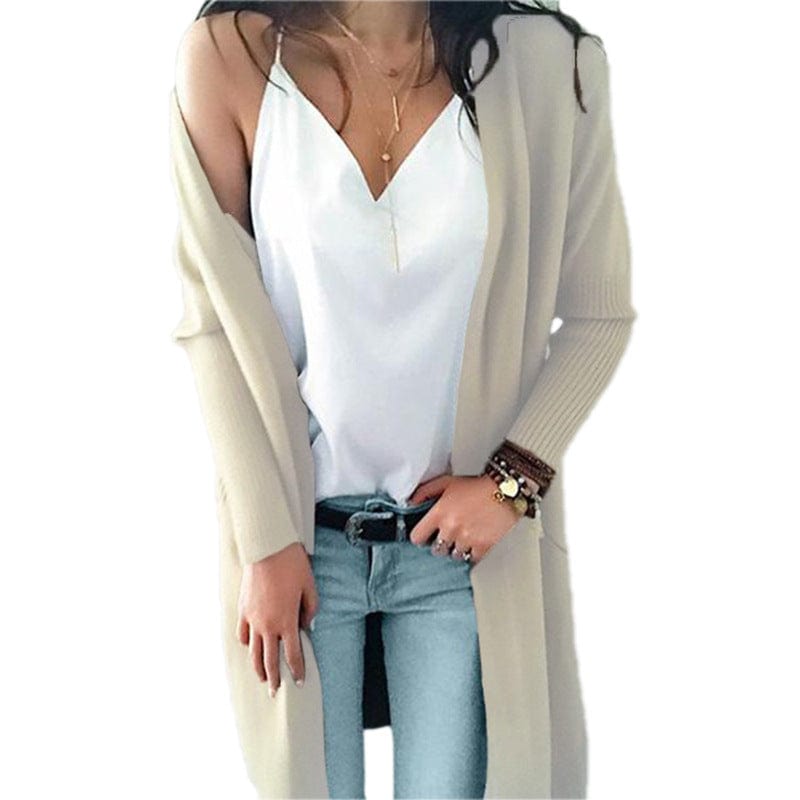 Apricot / XL Women Sweater Coat Solid Color Long Sleeves