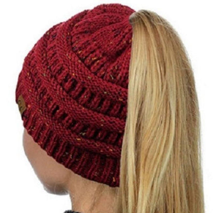 Beanies Crimson Ponytail Beanie Messy Bun Beanie Winter Hat With Hole For Ponytail