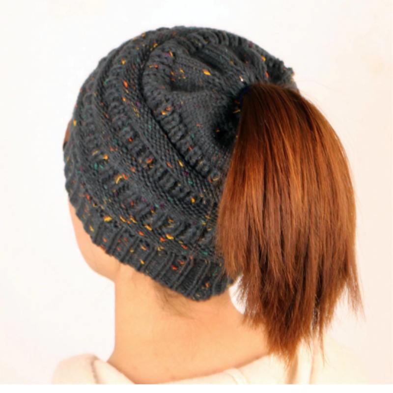 Beanies DimGray Ponytail Beanie Messy Bun Beanie Winter Hat With Hole For Ponytail