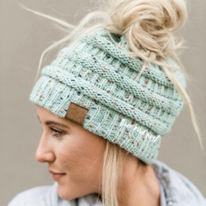 Beanies Lightcyan Ponytail Beanie Messy Bun Beanie Winter Hat With Hole For Ponytail