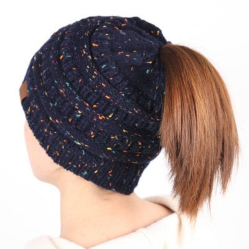 Beanies Midnightblue Ponytail Beanie Messy Bun Beanie Winter Hat With Hole For Ponytail