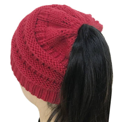 Beanies Red Ponytail Beanie Messy Bun Beanie Winter Hat With Hole For Ponytail