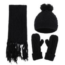 Black Thick Beanies Knitted Scarf Hat Gloves Set
