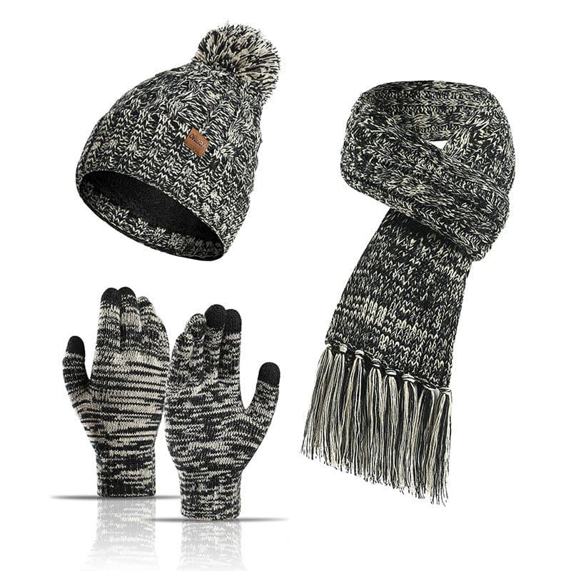 Black Warm Thick Beanies Knitted Scarf Hat Gloves Set