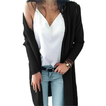 black / XL Women Sweater Coat Solid Color Long Sleeves