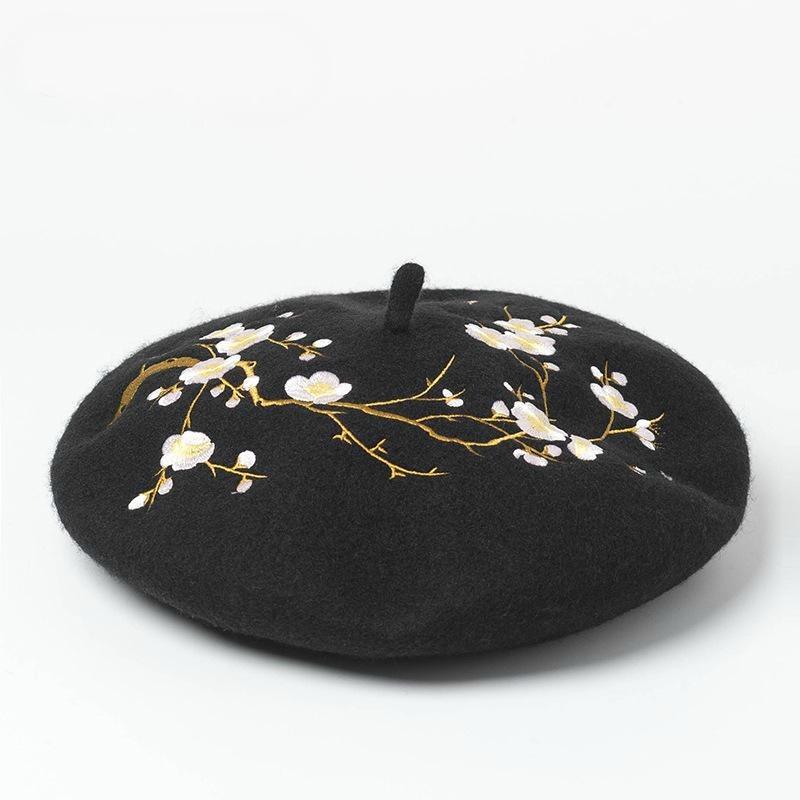 Brooches and Pins Embroidered Pink Cherry Flowers Wool Beret