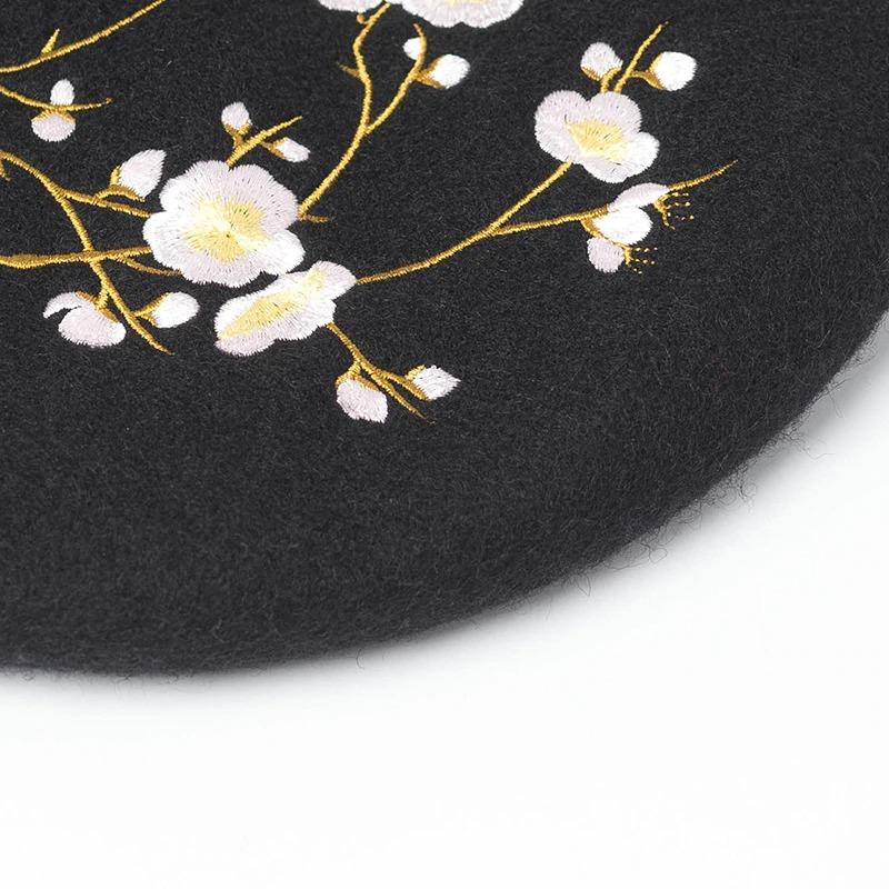 Brooches and Pins Embroidered Pink Cherry Flowers Wool Beret