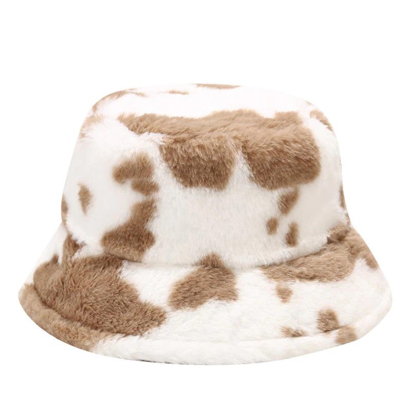Caps and Hats Cow (Khaki) Leopard Print Winter Plush Bucket Hats