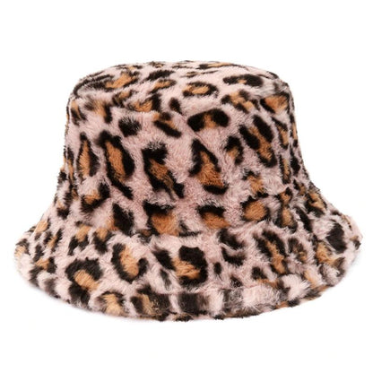 Caps and Hats Leopard (Pink) Leopard Print Winter Plush Bucket Hats