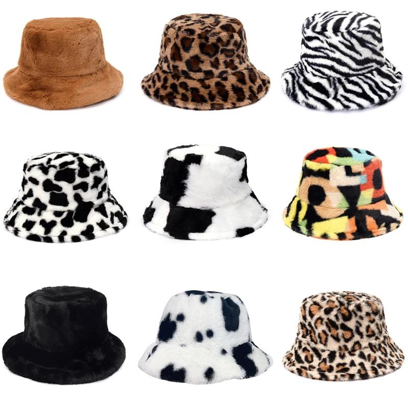 Caps and Hats Leopard Print Winter Plush Bucket Hats