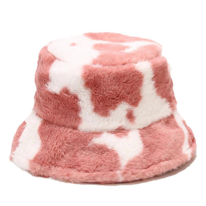 Caps and Hats Pink (White) Leopard Print Winter Plush Bucket Hats