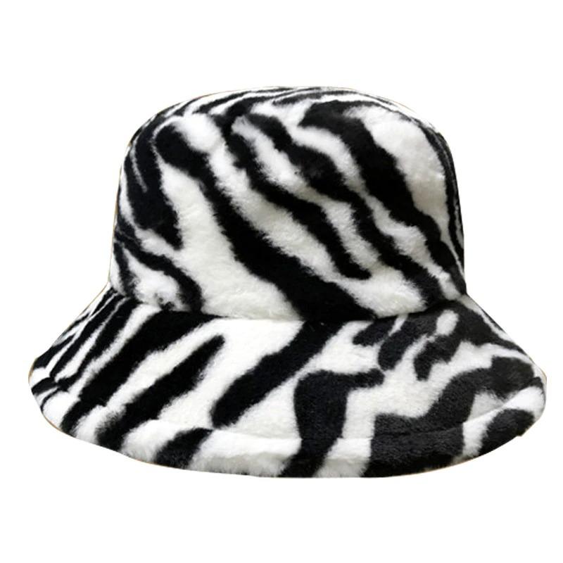 Caps and Hats Zebra (Black-White) Leopard Print Winter Plush Bucket Hats