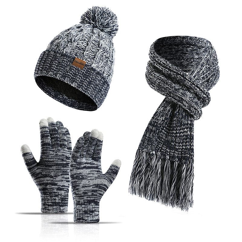 Cyan Warm Thick Beanies Knitted Scarf Hat Gloves Set