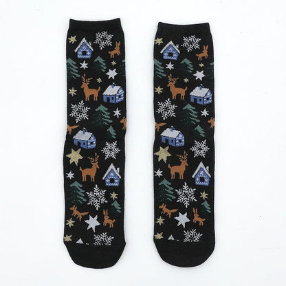 Dark Green Deer + House / 38-45 Christmas stocking trend gold silk pair socks for men and women