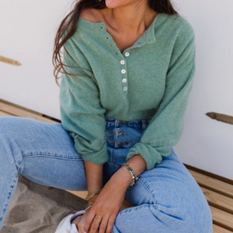 green / XL Women Single Breasted Knit Cardigan Casual Solid Loose O neck Lantern Sleeve Tops 2021 Autumn Winter Streetwear Sweater Cardigan