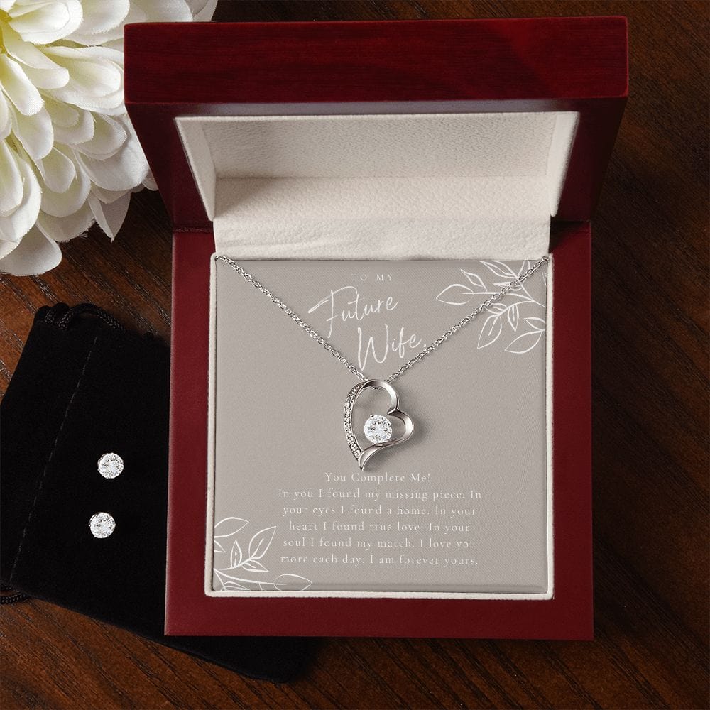 Jewelry 14k White Gold Finish / Luxury Box Forever Love Necklace and Cubic Zirconia Earring Set For My Future Wife