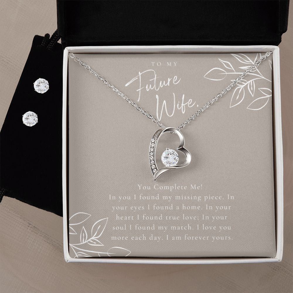 Jewelry 14k White Gold Finish / Standard Box Forever Love Necklace and Cubic Zirconia Earring Set For My Future Wife
