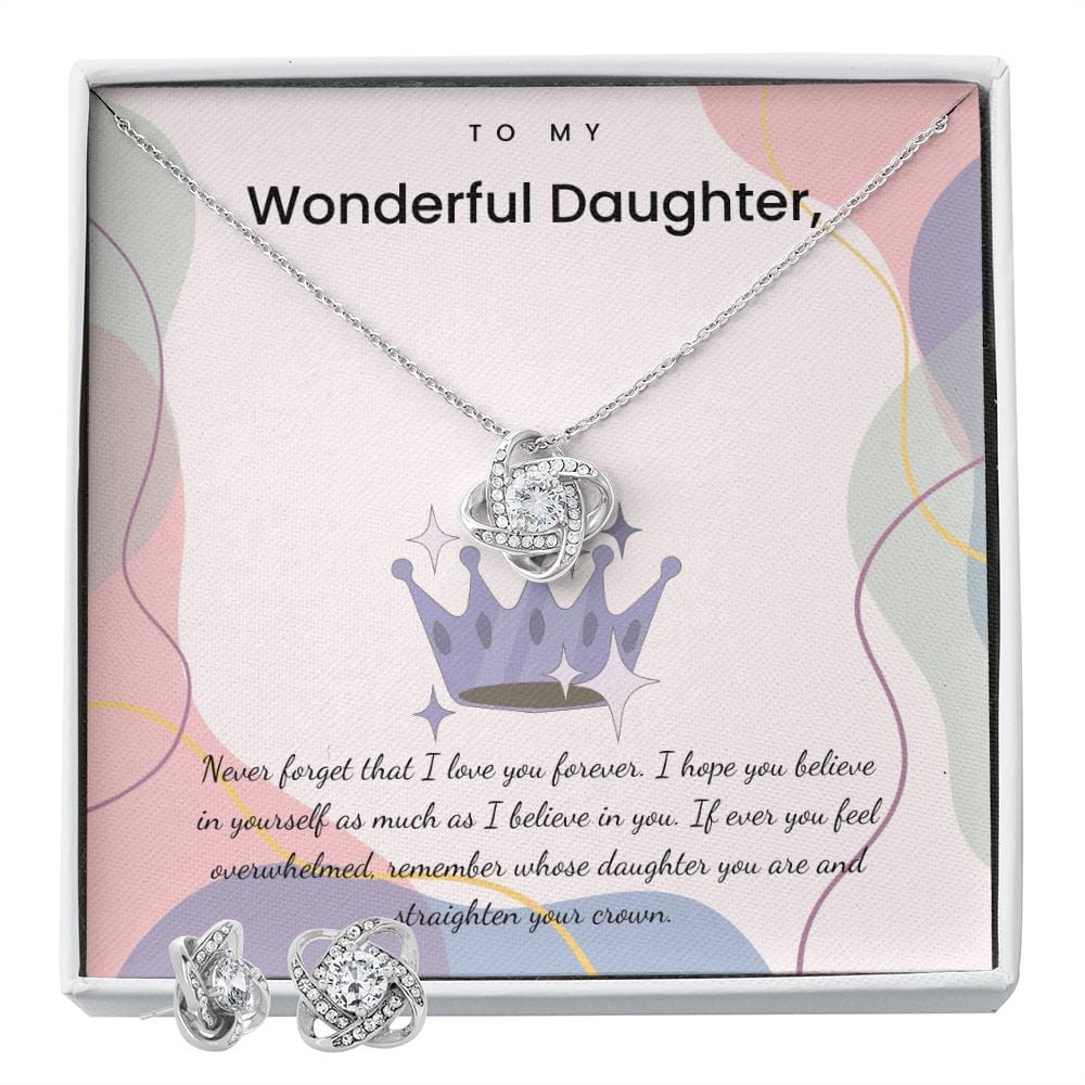 Jewelry Two Tone Box Love Knot Earring & Necklace Set For My Daughter
