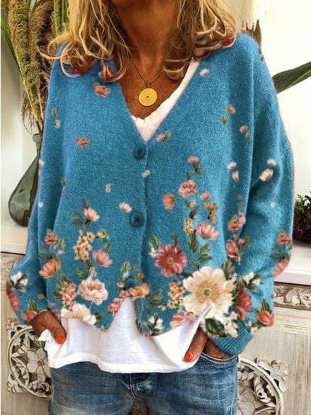 Knitted Coat Blue / S V Neck Casual Long Sleeve Floral Outerwear