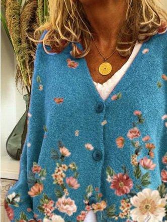 Knitted Coat V Neck Casual Long Sleeve Floral Outerwear