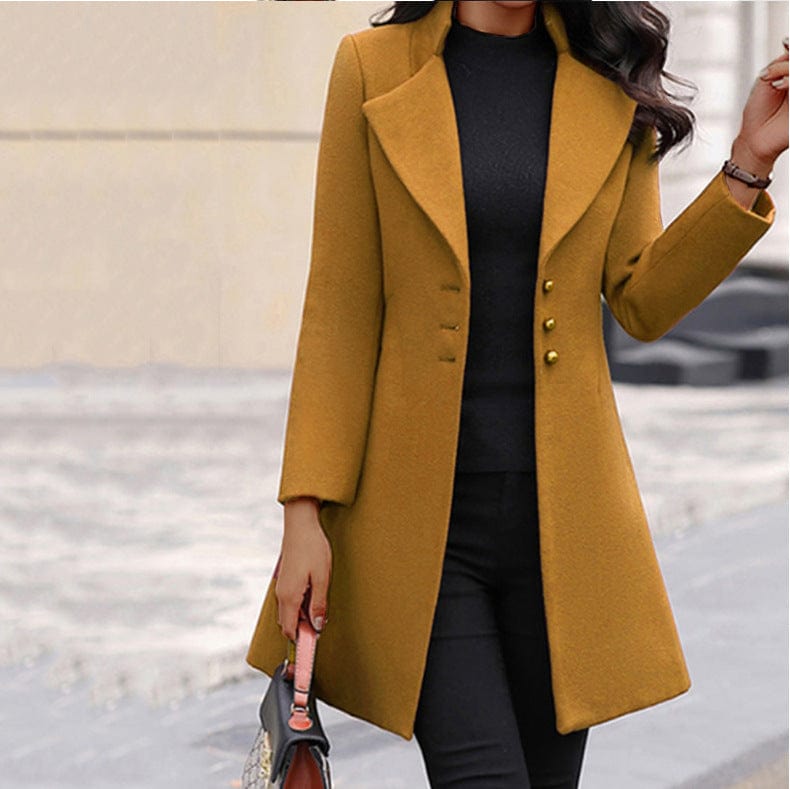 long coat Yellow / XL Autumn winter in the long Korean version of lapel thin pure color slim women's wool overcoat overcoat