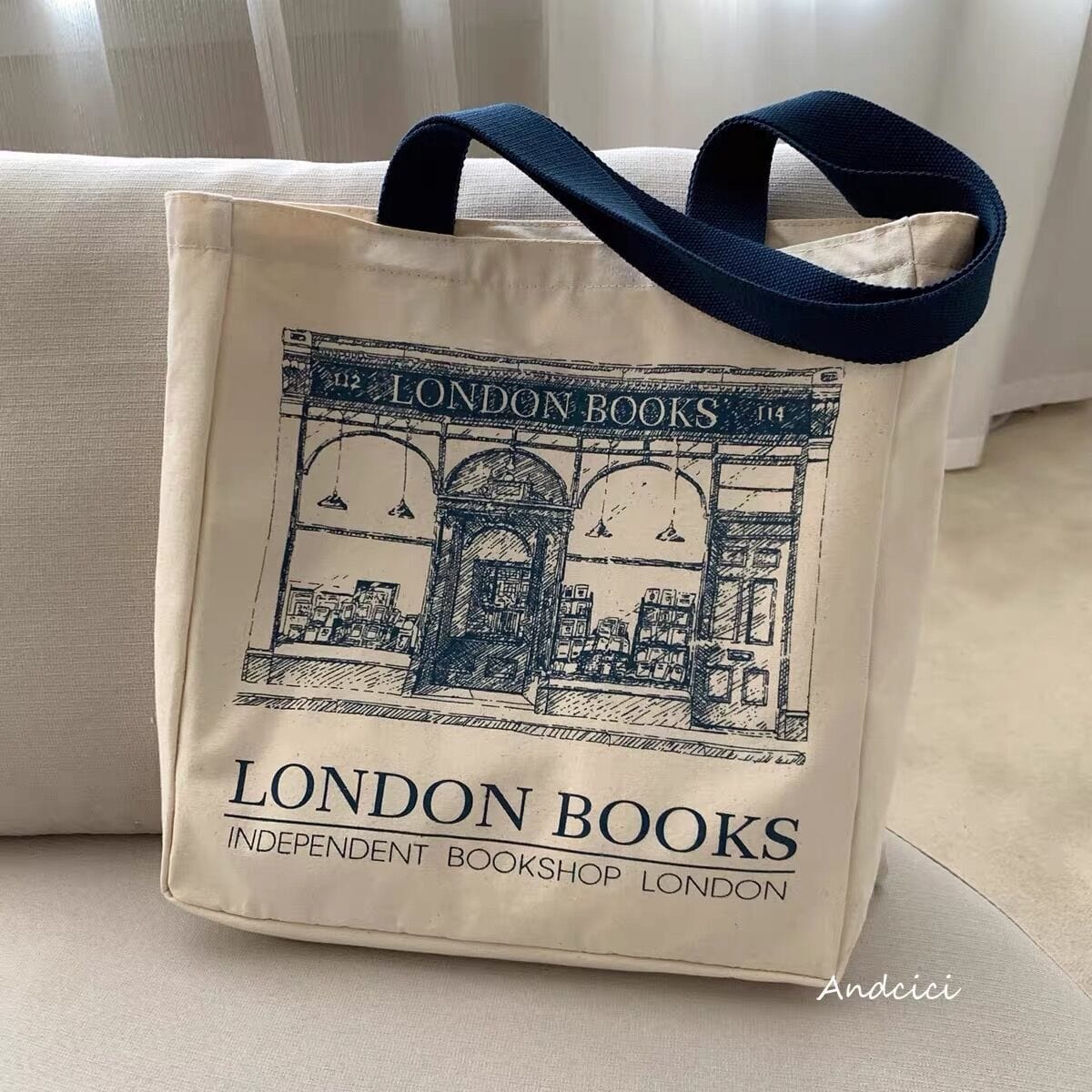 Navy Blue Women Canvas Shoulder Bag London Books Print Ladies Casual Handbag Tote Bag Reusable Large Capacity Cotton Shopping Beach Bag