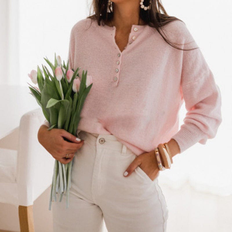 pink / L Women Single Breasted Knit Cardigan Casual Solid Loose O neck Lantern Sleeve Tops 2021 Autumn Winter Streetwear Sweater Cardigan