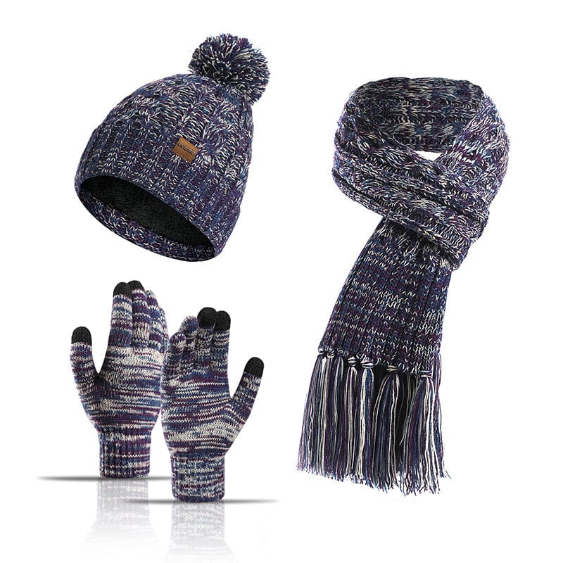 Purple Warm Thick Beanies Knitted Scarf Hat Gloves Set