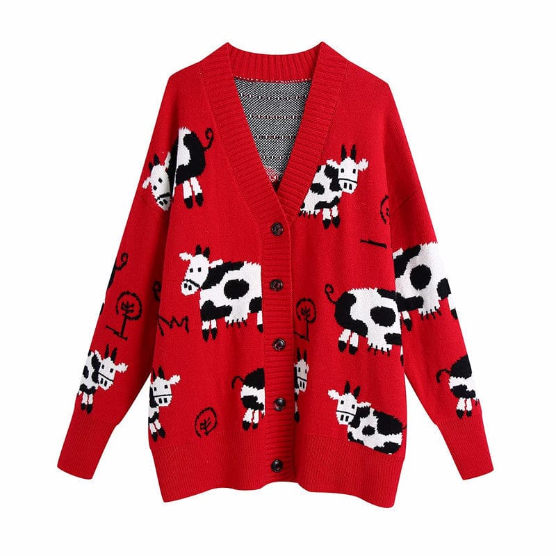 red / M Loose animal print knitted coat