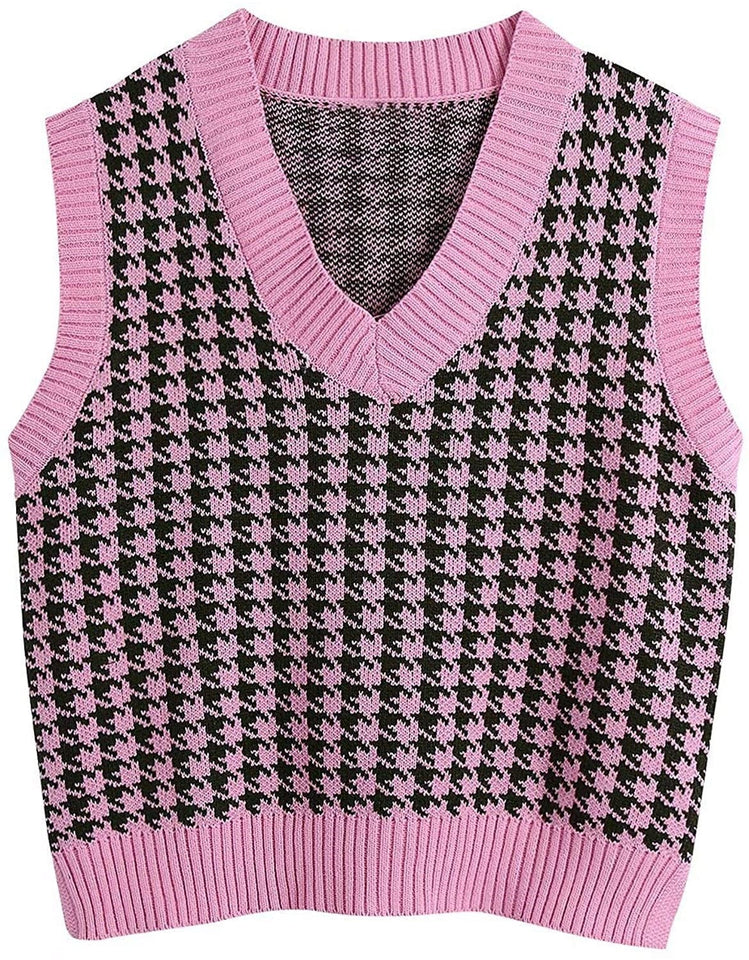 red rose / XXXL 'Serena' Houndstooth Sleeveless Sweater