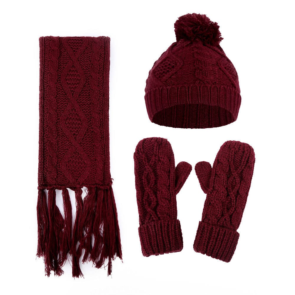 Red wine Thick Beanies Knitted Scarf Hat Gloves Set