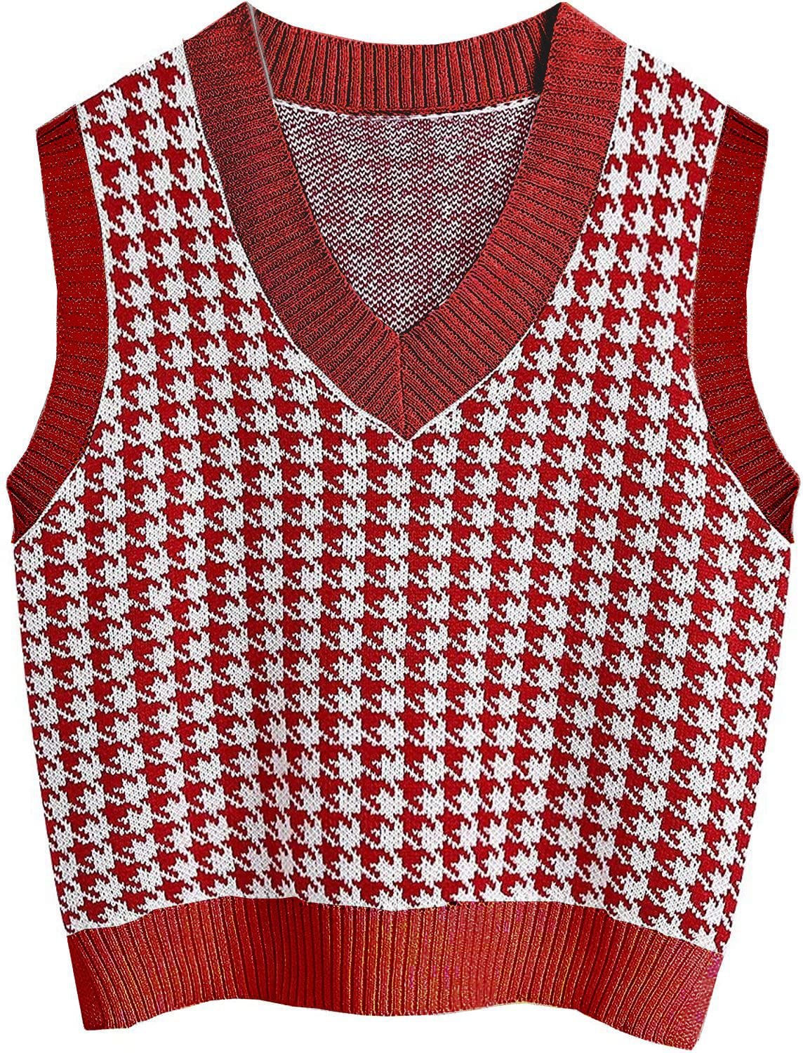 red / XXL 'Serena' Houndstooth Sleeveless Sweater