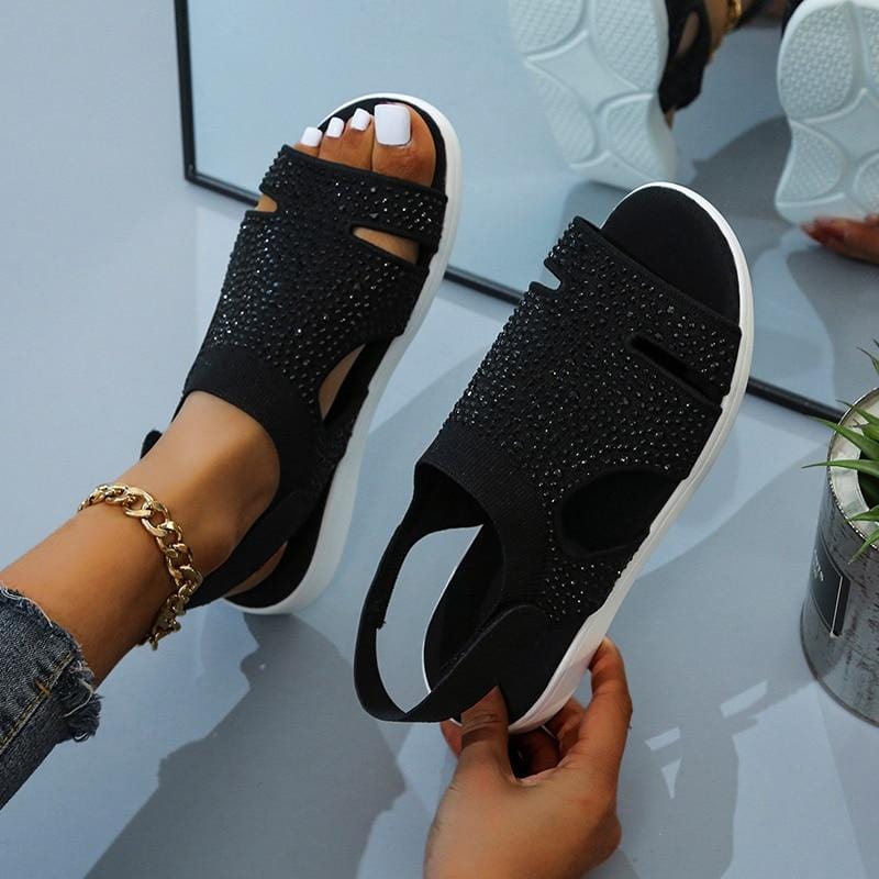 Slippers BLACK / 2 Women's Elegant Embellished Soft & Comfortable Sandals Mesh Upper Breathable Sandals Adjustable Cross-Strap Design New