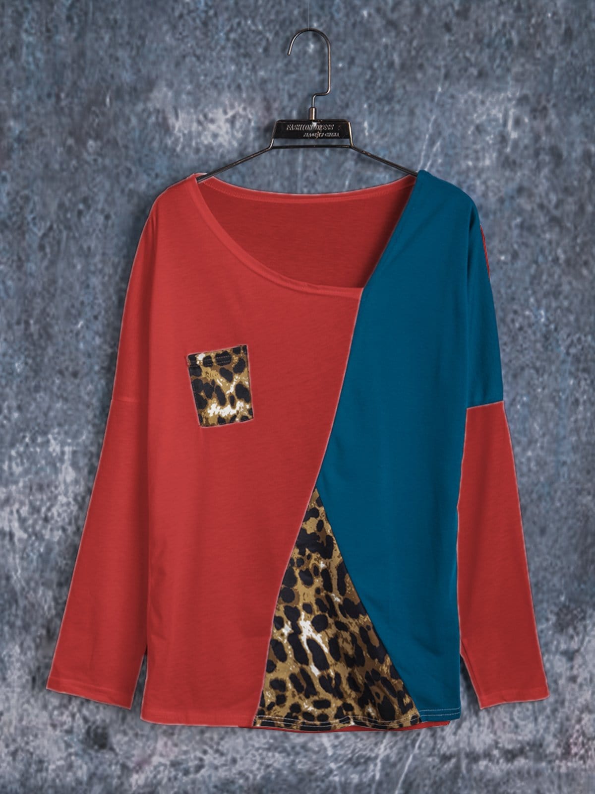 T-shirts Long Sleeve Cotton Leopard Print Asymmetric T-Shirts
