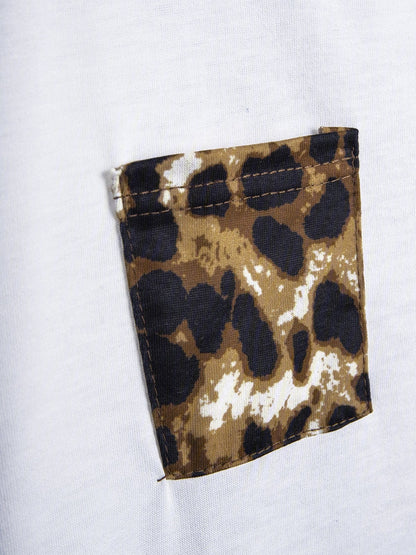 T-shirts Long Sleeve Cotton Leopard Print Asymmetric T-Shirts
