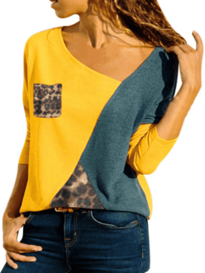T-shirts Yellow / S Long Sleeve Cotton Leopard Print Asymmetric T-Shirts