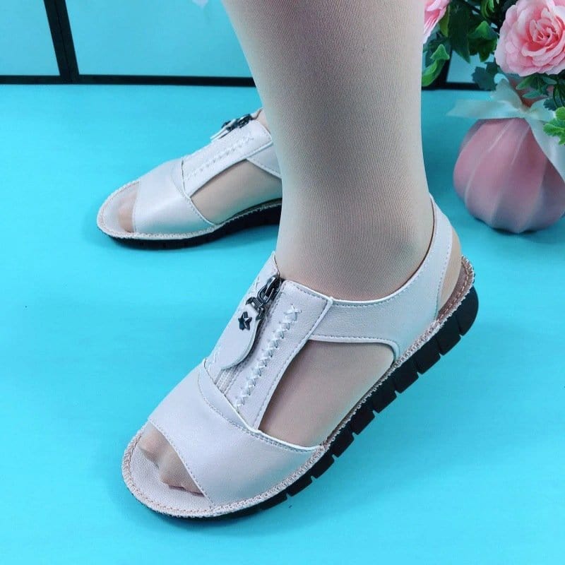 White / 5.5 (8.86 Inch) Zipper Flat Soft Leather And Sole Comfort Sandals