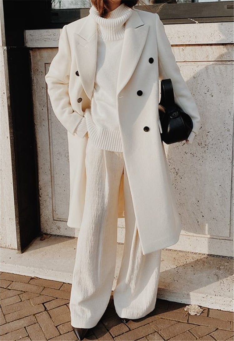 White / M Long Woolen Coat