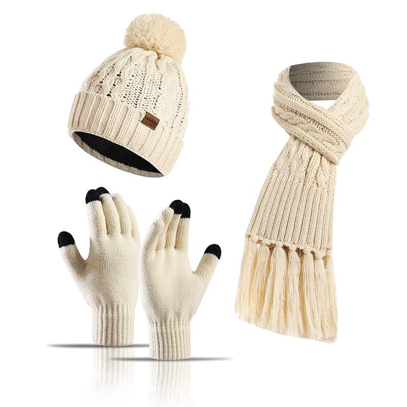 White Warm Thick Beanies Knitted Scarf Hat Gloves Set