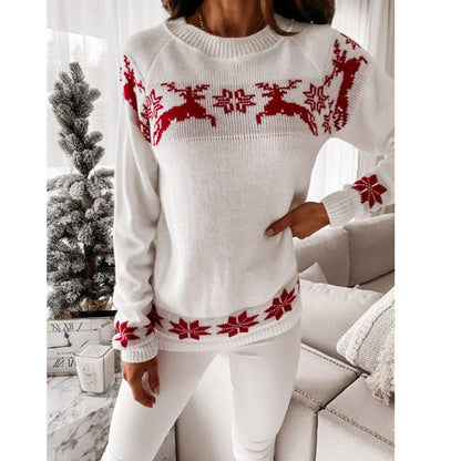 white / XL Women Sweater Long Sleeve Round Neck Elk Snowflake Print Pullover